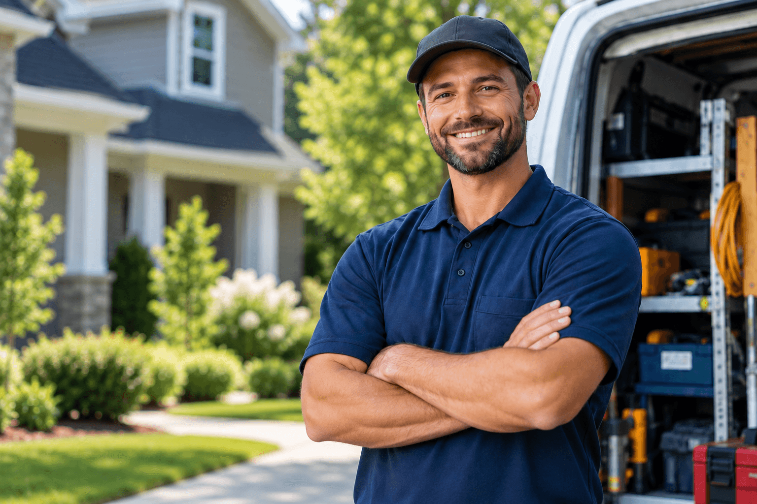 A home-service professional standing beside a service van